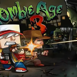 Mô tả hình ảnh về giao diện game Zombie Age 3 với nhân vật chính đang bắn súng vào zombie