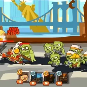 Mô tả hình ảnh: Hình ảnh giao diện game Zombie Defense 2 với cảnh chiến đấu giữa các chiến binh và zombie.