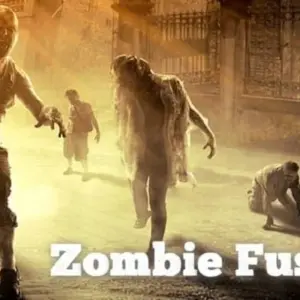 Mô tả hình ảnh: Giao diện game Zombie Fusion với hình ảnh những con zombie đang tấn công pháo đài.