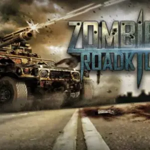 Mô tả hình ảnh: Giao diện game Zombie Roadkill 3D với chiếc xe chiến đấu và zombie