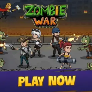 Mô tả hình ảnh: Banner game Zombie War với hình ảnh zombie và các chiến binh