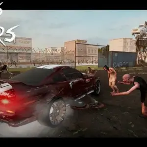 Mô tả ảnh: Hình ảnh game Zombies VS Muscle Cars với một chiếc xe cơ bắp đang lao về phía trước, xung quanh là lũ zombie.
